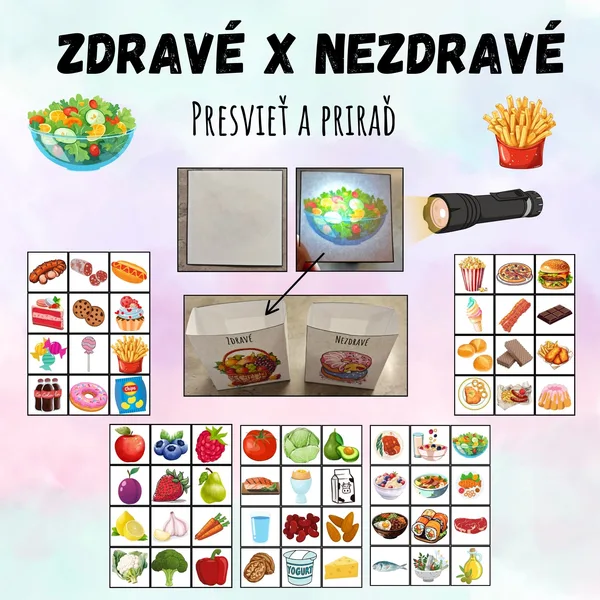 Presvieť baterkou a priraď - Zdravé x nezdravé jedlo