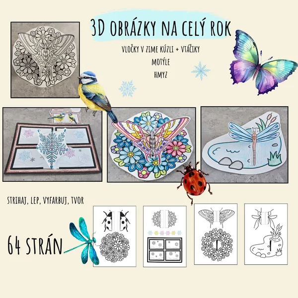 3D OBRÁZKY - vločky v zime kúzli + vtáčiky,  motýle,  hmyz