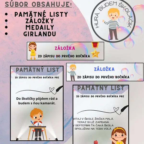 Zápis do 1. ročníka - pamätné listy, záložky, medaile, girlanda