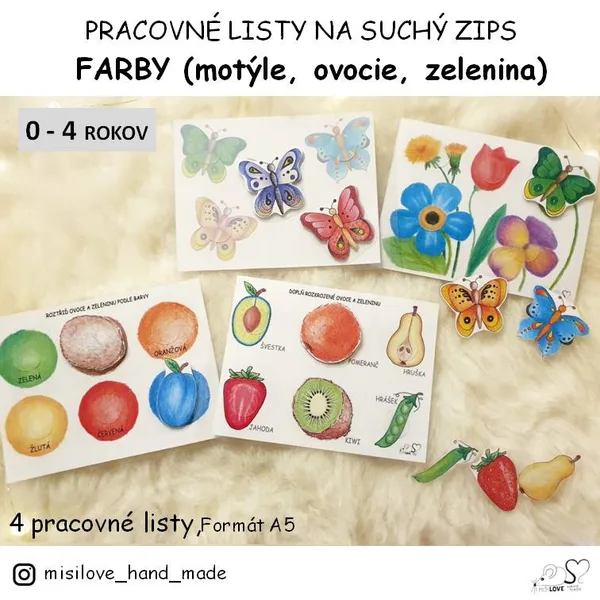 Pracovné listy na suchý zips - FARBY (motýle, kvety, ovocie a zelenina)