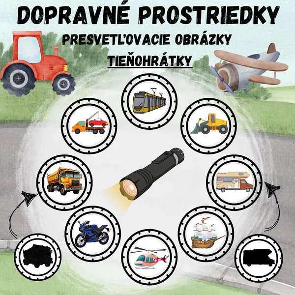 Dopravné prostriedky, doprava - presvetľovacie obrázky - tieňohrátky