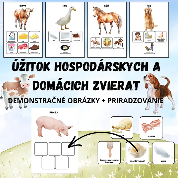 Úžitok hospodárskych a domácich zvierat - Demonštračné obrázky + priraďovanie