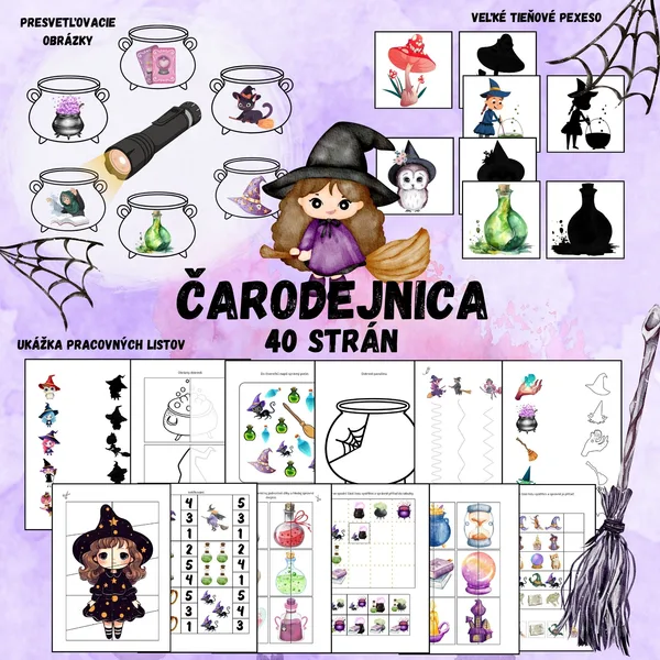 Čarodejnice, Halloween - presvetľovacie obrázky, Velké stínové pexeso, pracovné listy, štipcovanie