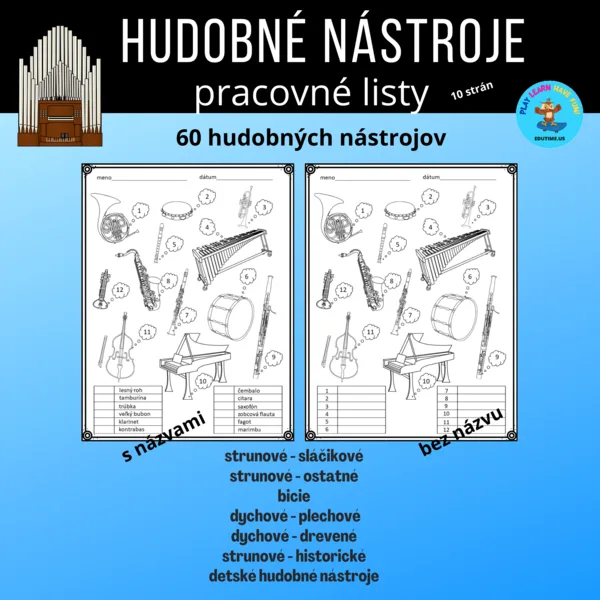 Hudobné nástroje - pracovné listy