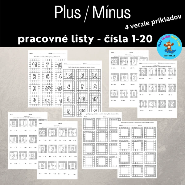 Plus -mínus - pracovné listy s číslami od 1-20