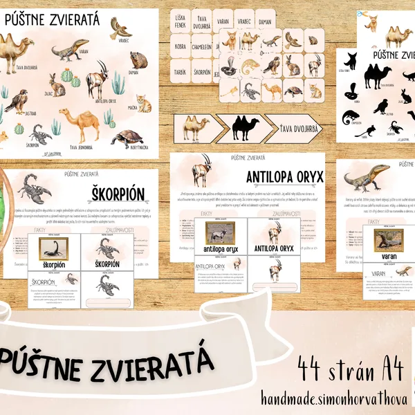 Púštne zvieratá, Púštne živočíchy, náučný súbor o živočíchoch, plagáty, kartičky