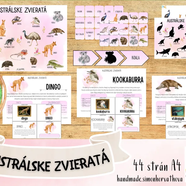 Austrálske zvieratá, Austrálske živočíchy, náučný súbor o živočíchoch, plagáty, kartičky