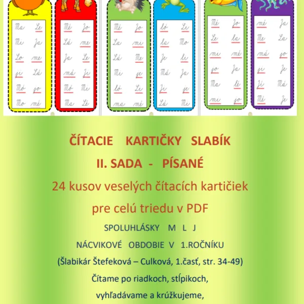 II.sada. Čítacie kartičky so spoluhláskami M L J - písané slabiky