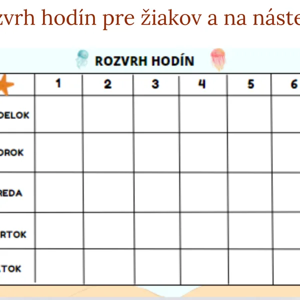 Obrázkový rozvrh hodín pre žiakov a na nástenku - MORSKÝ SVET