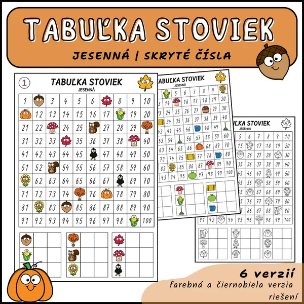 Jesenná tabuľka stoviek - skryté čísla, pracovné listy