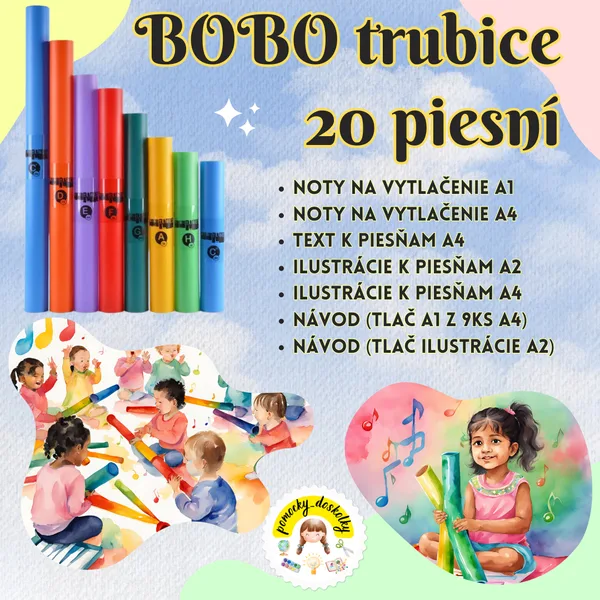 ľudové piesne s BOBO trubicami (farebné noty, ilustrácie+ text k piesňam, návod na vytlačenie veľkého formátu...)