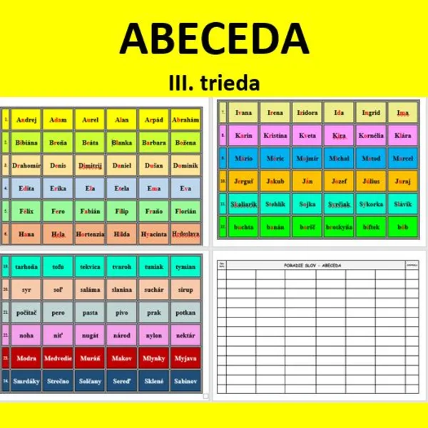 Abeceda - zoraďovanie podľa 2. písmena (3. trieda)