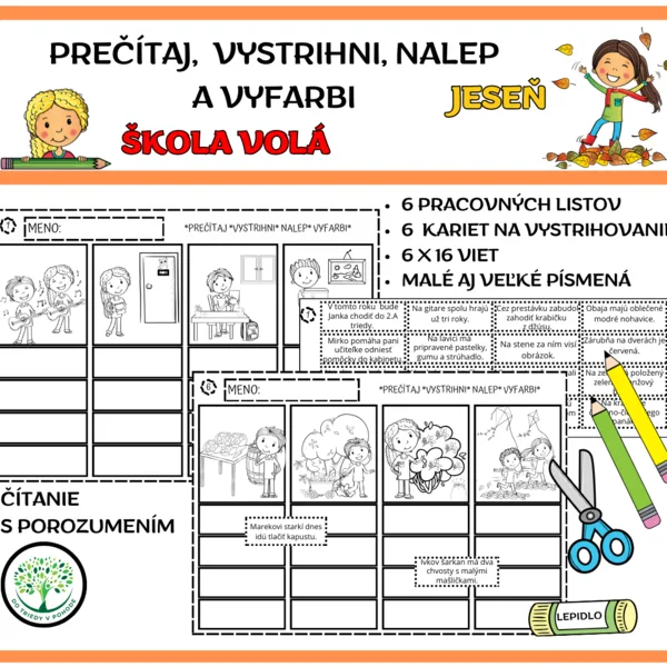 PREČÍTAJ, VYSTRIHNI, NALEP A VYFARBI - ŠKOLA + JESEŇ - ČÍTANIE S POROZUMENÍM 