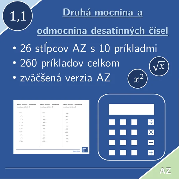 Druhá mocnina a odmocnina desatinných čísel | matematika | 26 stĺpcov