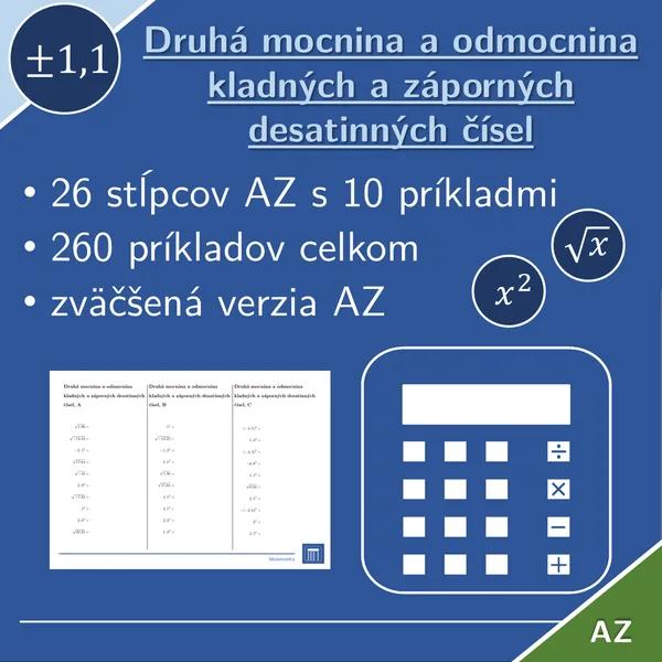 Druhá mocnina a odmocnina kladných a záporných desatinných čísel | matematika | 26 stĺpcov 