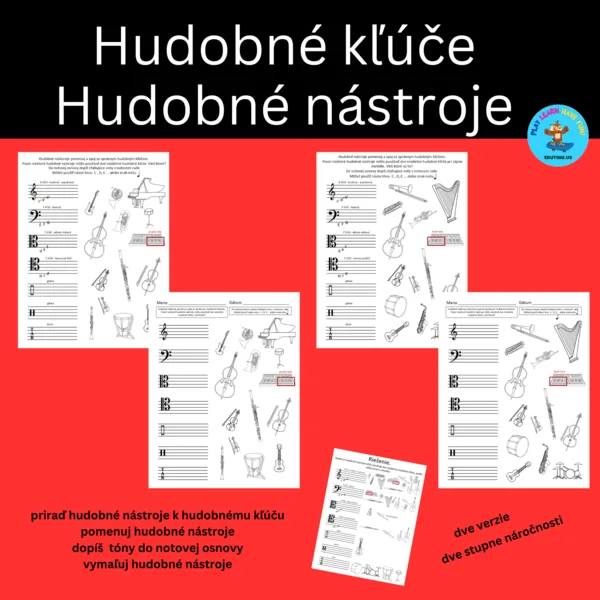Hudobné kľúče a hudobné nástroje - pracovné listy
