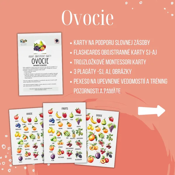 PDF Ovocie - karty (flashcards) v SJ a AJ obojstranné, montessori trojzložkové karty, plagáty a pexeso