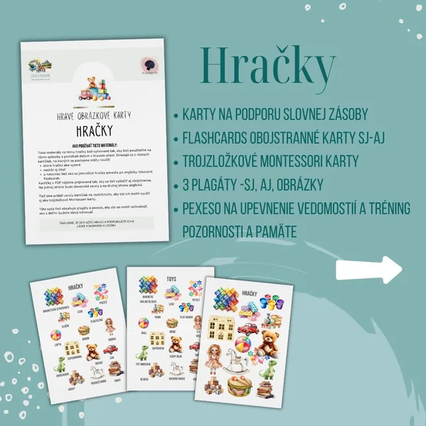 PDF Hračky - karty (flashcards) v SJ a AJ obojstranné, montessori trojzložkové karty, plagáty a pexeso