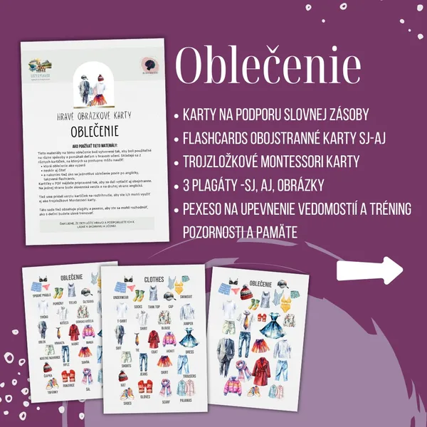 PDF Oblečenie - karty (flashcards) v SJ a AJ obojstranné, montessori trojzložkové karty, plagáty a pexeso