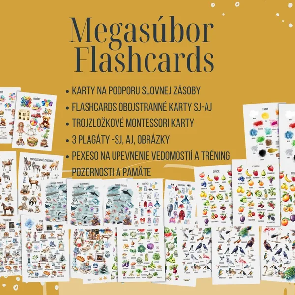 Megasúbor Flashcards aj s budúcimi rozšíreniami - SJ a AJ obojstranné, montessori trojzložkové karty, plagáty a pexeso