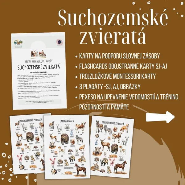 PDF Suchozemské zvieratá - karty (flashcards) v SJ a AJ obojstranné, montessori trojzložkové karty, plagáty a pexeso