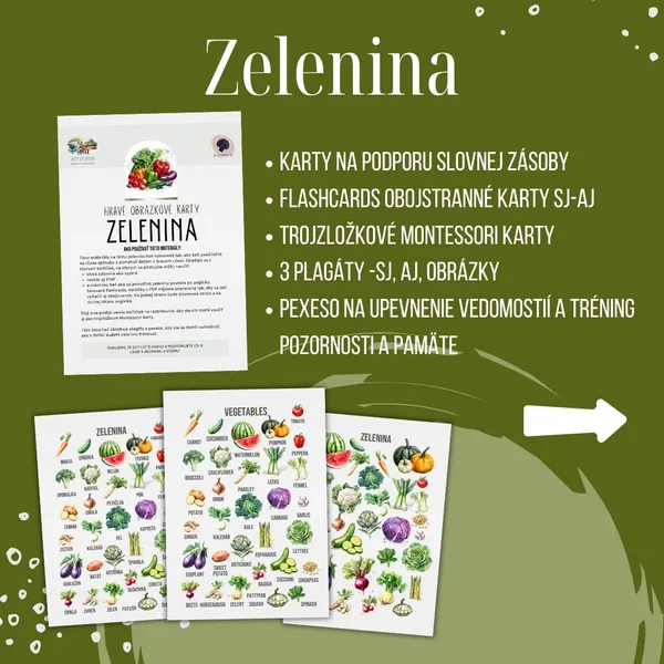 PDF Zelenina - karty (flashcards) v SJ a AJ obojstranné, montessori trojzložkové karty, plagáty a pexeso