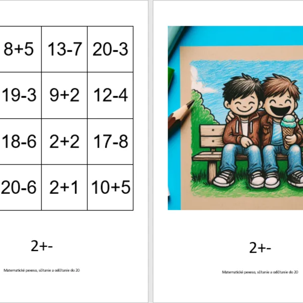 Matematické pexeso, sčítanie a odčítanie do 20