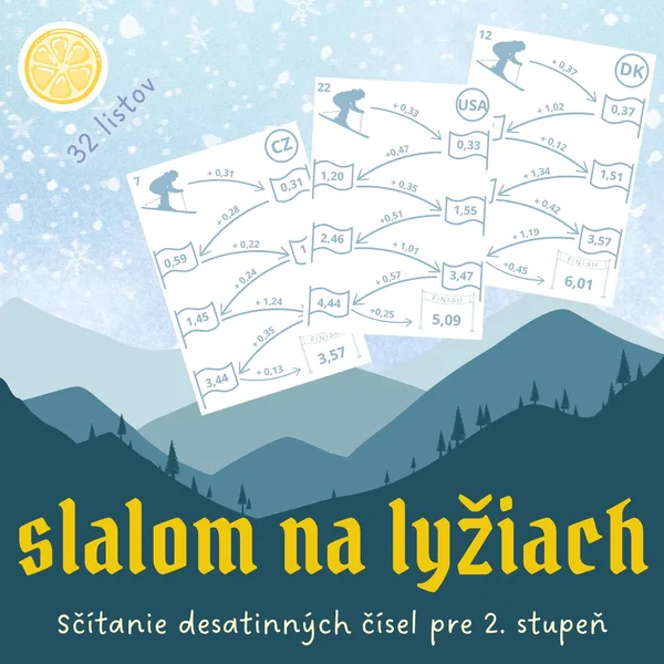 Slalom na lyžiach - sčítanie desatinných čísel pre 2. stupeň