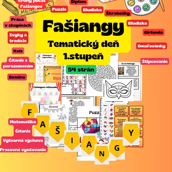 Fašiangy, karneval - tematický deň 1. stupeň: Ranné kruhy, Štipcovanie, Domino, Puzzle, Práca v skupine, Kvíz atď.