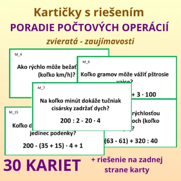 Kartičky s riešením - poradie počtových operácií - zvieratá (zaujímavosti)