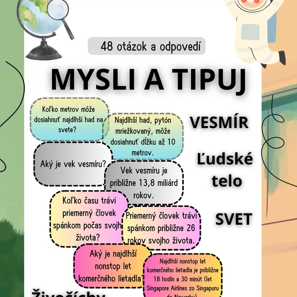 Didaktická hra MYSLI a TIPUJ - VESMÍR, PRÍRODA, ĽUDSKÉ TELO atď.