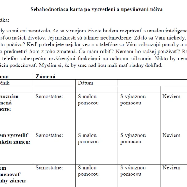 Sebahodnotiaci hárok - Zámená