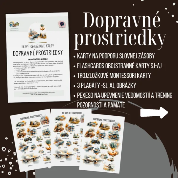 PDF dopravné prostriedky - karty (flashcards) v SJ a AJ obojstranné, montessori trojzložkové karty, plagáty a pexeso