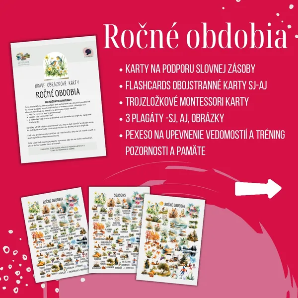PDF ročné obdobia jar, leto, jeseň, zima - karty (flashcards) v SJ a AJ obojstranné, montessori trojzložkové karty, plagáty a pexeso