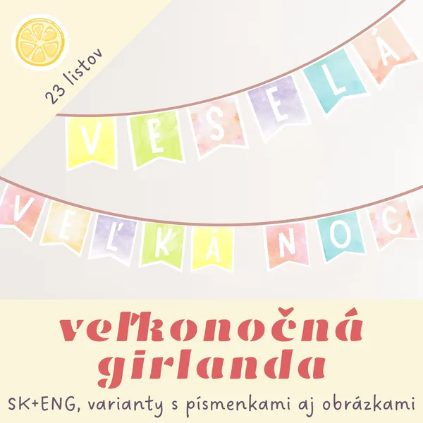 Veľkonočná girlanda v slovenčine aj angličtine.