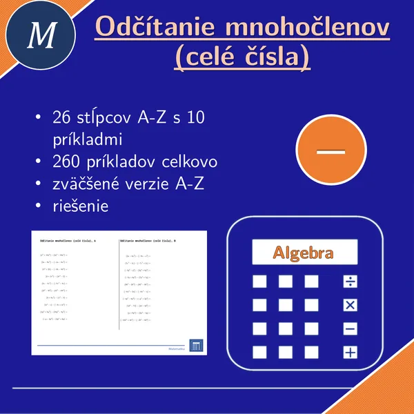 Odčítanie mnohočlenov (celé čísla) | matematika, algebra | 26 stĺpcov