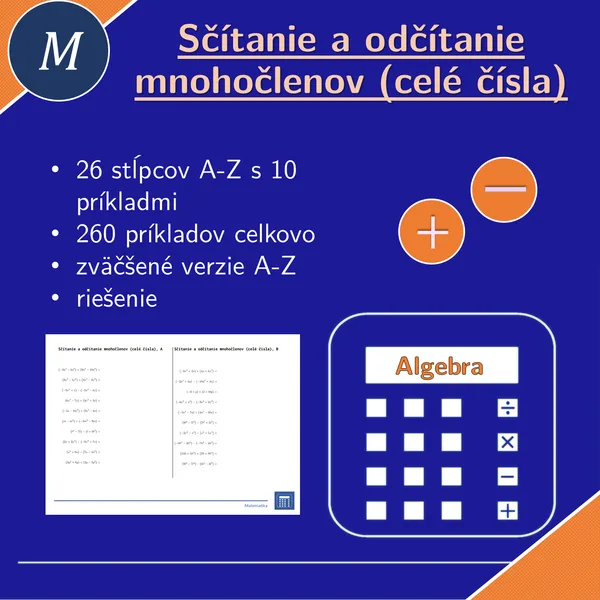 Sčítanie a odčítanie mnohočlenov (celé čísla) | matematika, algebra | 26 stĺpcov