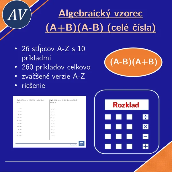 Algebraický vzorec (A+B)(A-B), rozklad (celé čísla) | matematika, algebra | 26 stĺpcov