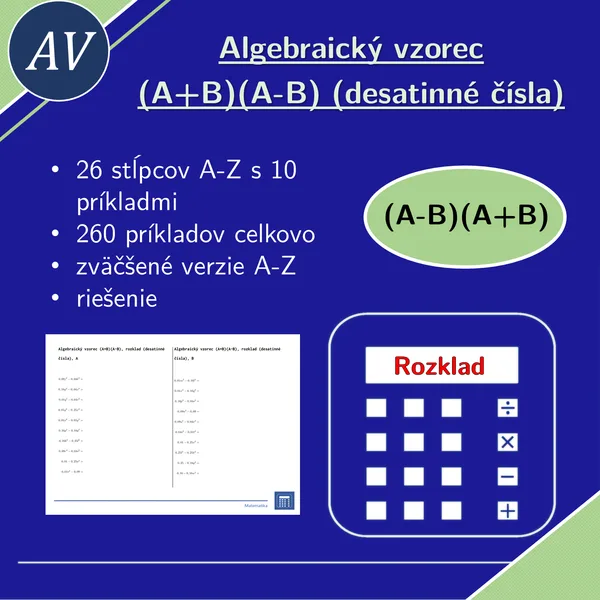 Algebraický vzorec (A+B)(A-B), rozklad (desatinné čísla) | matematika, algebra | 26 stĺpcov