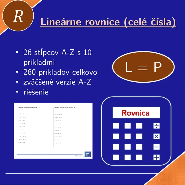 Lineárne rovnice (celé čísla) | matematika, algebra | 26 stĺpcov