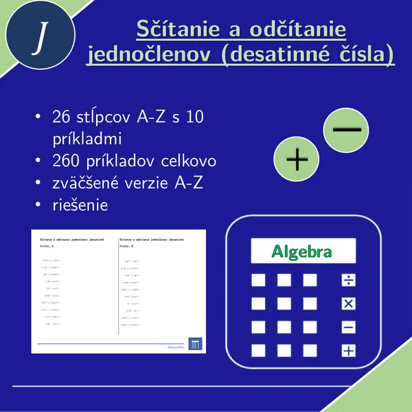 Sčítanie a odčítanie jednočlenov (desatinné čísla) | matematika, algebra | 26 stĺpcov