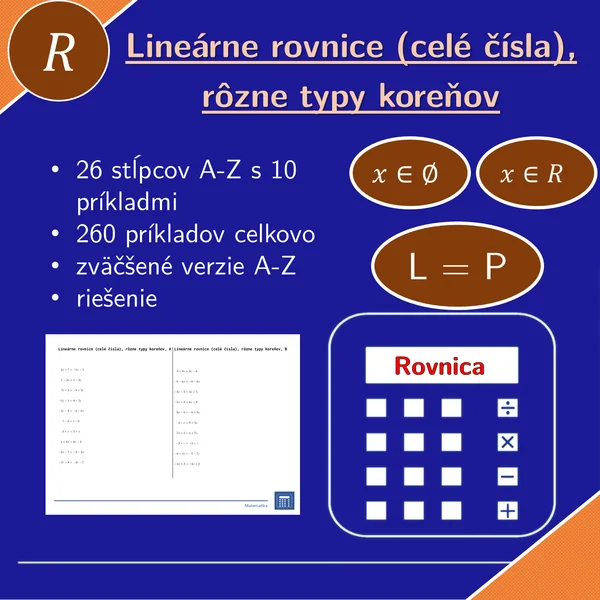 Lineárne rovnice (celé čísla), rôzne typy koreňov | matematika, algebra | 26 stĺpcov