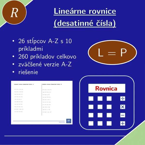 Lineárne rovnice (desatinné čísla) | matematika, algebra | 26 stĺpcov