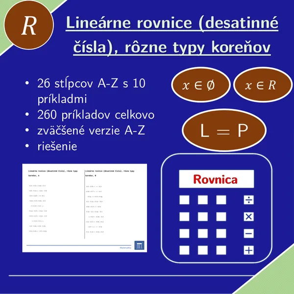 Lineárne rovnice (desatinné čísla), rôzne typy koreňov | matematika, algebra | 26 stĺpcov