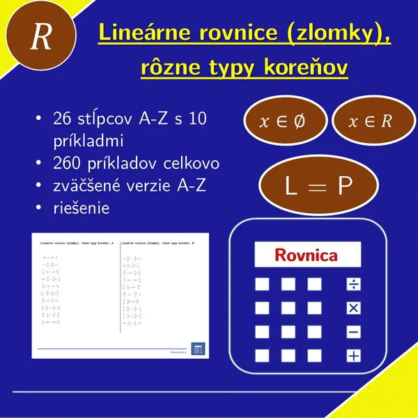 Lineárne rovnice (zlomky), rôzne typy koreňov | matematika, algebra | 26 stĺpcov