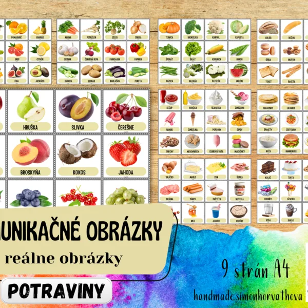Komunikačné obrázky - Potraviny (Ovocie, Zelenina, Pečivo), Reálne obrázky, Pre deti, žiakov a terapiu reči