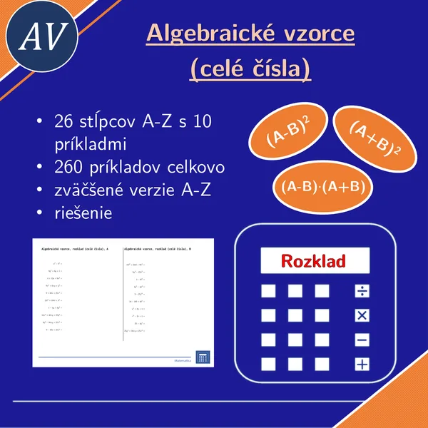 Algebraické vzorce, rozklad (celé čísla) | matematika, algebra | 26 stĺpcov