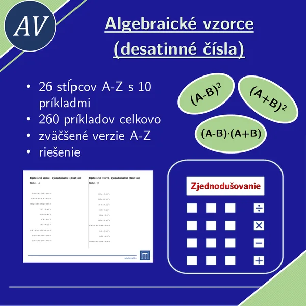 Algebraické vzorce, zjednodušovanie (desatinné čísla) | matematika, algebra | 26 stĺpcov
