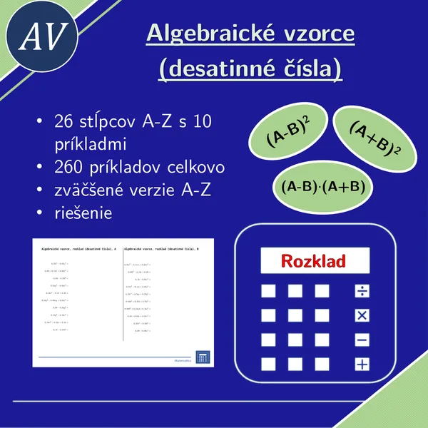 Algebraické vzorce, rozklad (desatinné čísla) | matematika, algebra | 26 stĺpcov