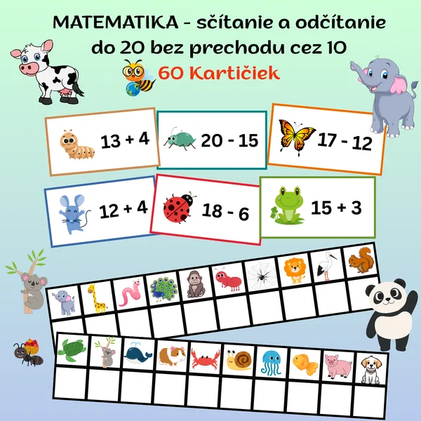 Matematické behacie príklady - sčítanie a odčítanie do 20 bez prechodu